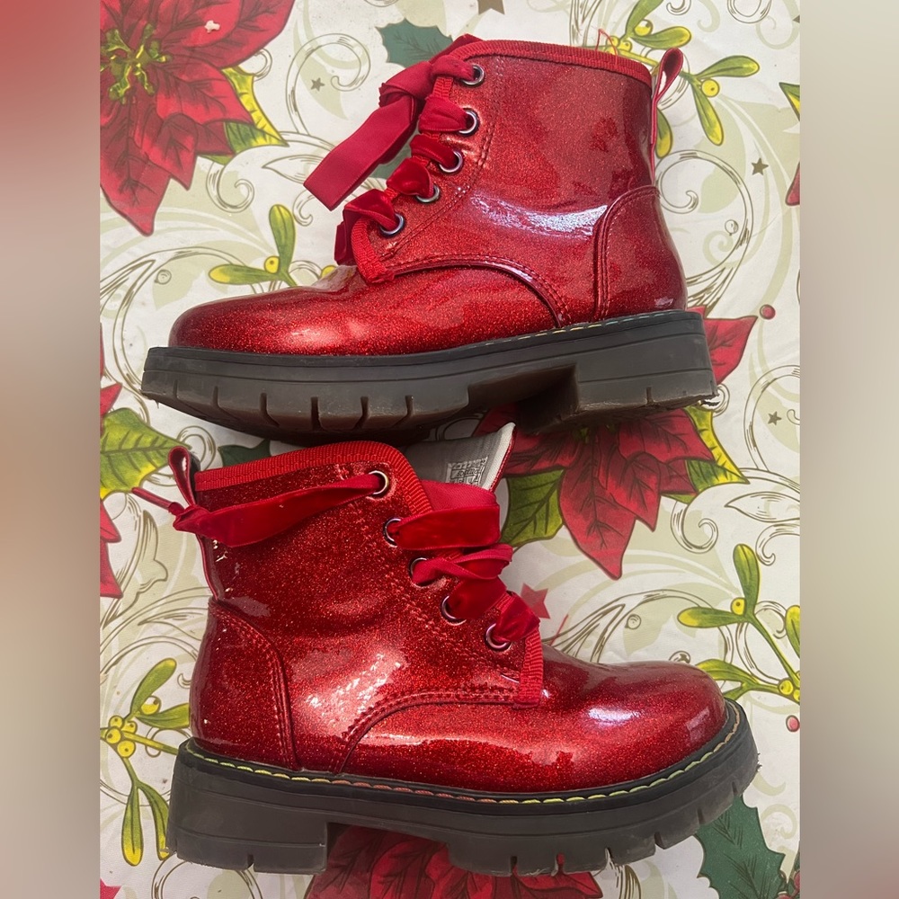 Girls Glitter Ankle Boots Side Zipper Combat Lace Up Size 11